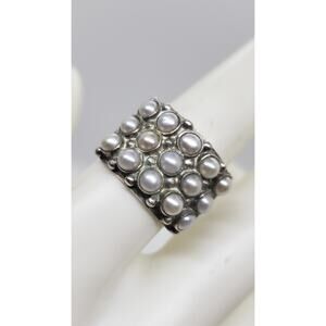 Vintage Sterling Silver genuine pearl Ring wide band